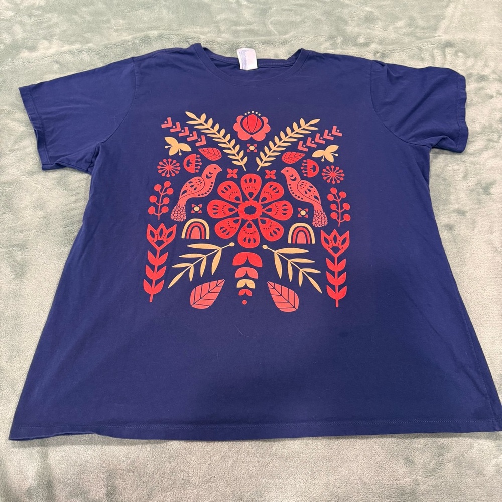 Port & Company Women’s XXL Blue Folk Art Birds Floral Graphic T Shirt - Picture 2 of 8